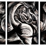 Becoming : 60" x 30" : Inks, kaolin on clayboard panels :  triptch